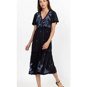 Johnny Was Lyra Embroidered Tiered Midi Dress Black Blue Boho Size Small